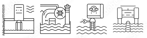 Set of illustrations depicting different water structures and elements in line art