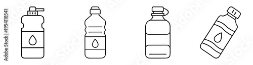 Outlined vector drawing of four distinct water bottle styles with labels