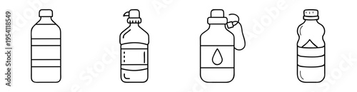 A set of four black and white line art water bottles illustrations