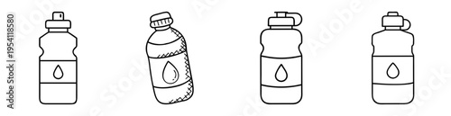 Black and white line drawing of four water bottles with water drop