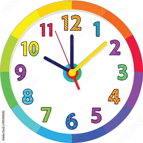 A colorful educational wall clock illustration with bright numbers for children learning to tell time