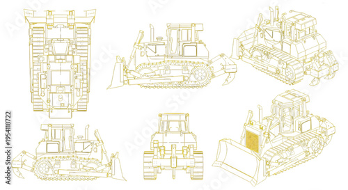 Crawler Tractor AutoCAD Blueprint Vector – Tracked Bulldozer Industrial Machine Multiview Yellow Outline Drawing