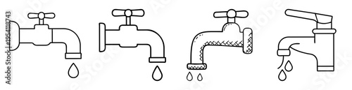 Four different hand drawn style water faucets with water drips line art