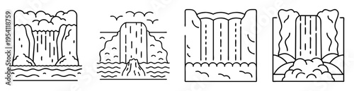 Geometric line art illustrations showcasing various stylized waterfall landscapes in black and white