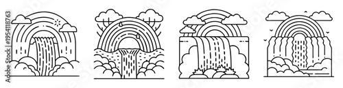 Stylized linear waterfall illustrations with rainbows and clouds, nature themed