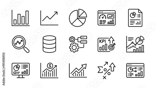Hand-drawn icons for business analytics, data visualization, financial charts, and market research. includes charts, graphs, pie charts, and growth symbols for reporting and strategy