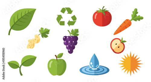 Healthy Lifestyle, Nature & Sustainability Vector Icons - Food, Environment & Wellbeing