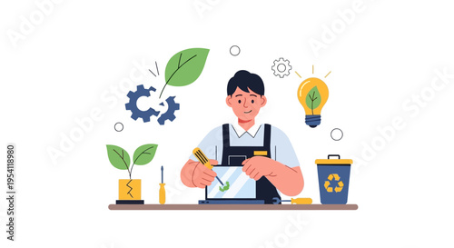 Sustainable Electronics Repair and Recycling. Technician fixes laptop, promoting eco-friendly technology, circular economy, and e-waste reduction.