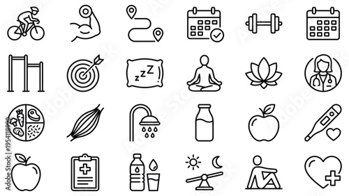 Comprehensive hand-drawn health, fitness, and wellness icon set for modern lifestyle, illustrating exercise, nutrition, mental well-being, and medical care concepts