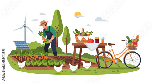 Farmer Harvesting Organic Vegetables on Sustainable Farm with Solar Power, Wind Turbine & Fresh Produce