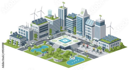 Isometric Smart Green City: Sustainable Urban Development, Renewable Energy & Digital Connectivity