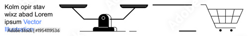 Consumer behavior, decision-making, balance, economic concepts, business choices, retail selection. Balanced scale and shopping cart icons in a minimal design. Consumer behavior and decision-making