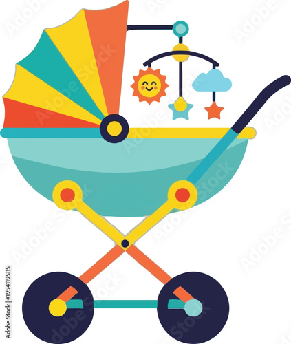 A colorful cartoon baby stroller featuring a hanging mobile with a sun star and a cute blue cloud