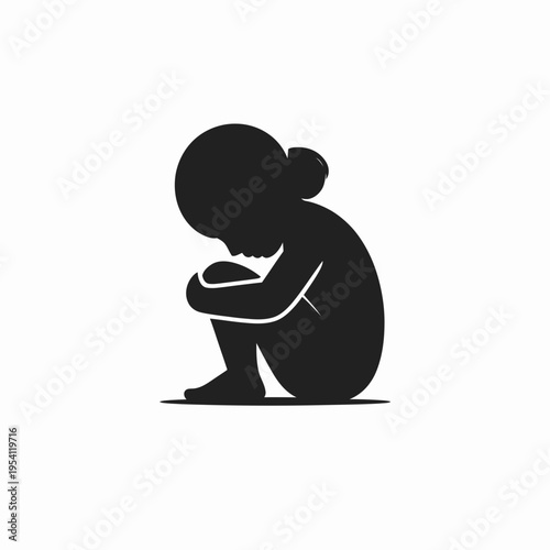 A silhouette of a small child sitting in a curled position with their head down in deep thought isolated on white background, Vector, illustration