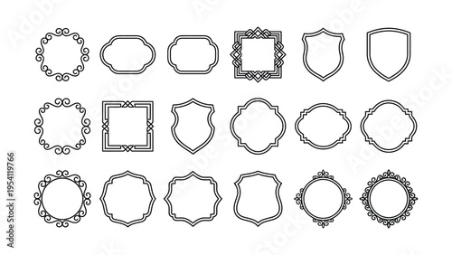 Collection of hand-drawn frames and borders: various ornamental shapes, including circles, shields, and crests, for certificates, badges, and decorative layouts