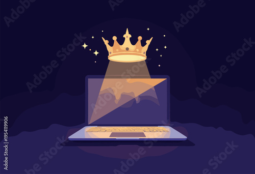 minimalist flat glowing golden crown hovering over sleek, modern laptop Market leader concept Highend, luxury tech aesthetic Solid dark background Room text