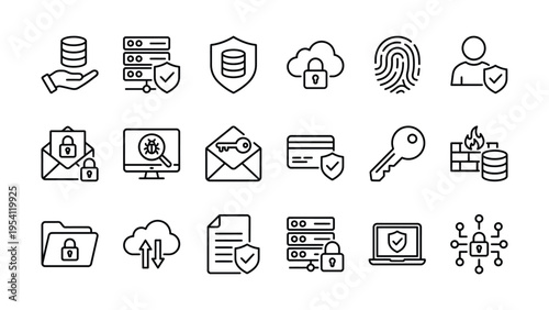 Collection of hand-drawn security and technology icons: featuring encryption, data protection, privacy, and network safety symbols for digital security, web design