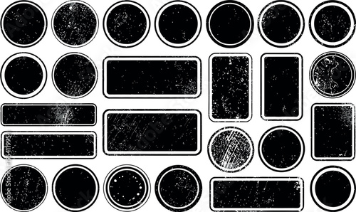 This image features an assortment of black, textured stamps in various shapes like circles and rectangles. Each element has a heavy, distressed grunge effect that mimics ink on paper or a worn-out rub