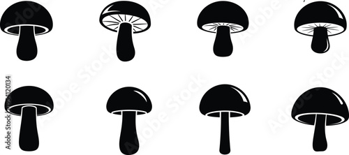 Eight black mushroom illustrations in two rows