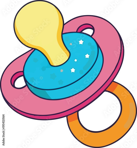 A colorful cartoon illustration of a baby pacifier featuring a star pattern on a blue center piece
