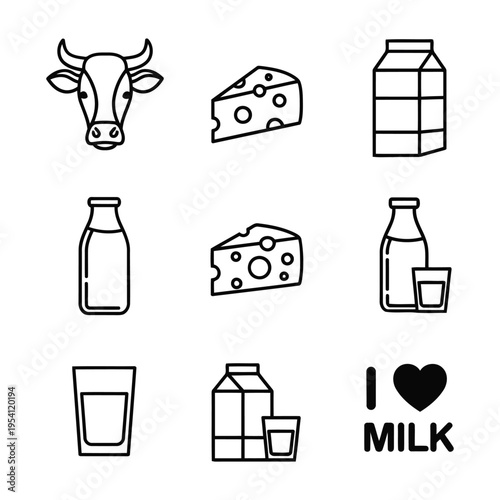 A collection of dairy products and a cow's head with illustrations of milk, cheese, and bottles on a white background.