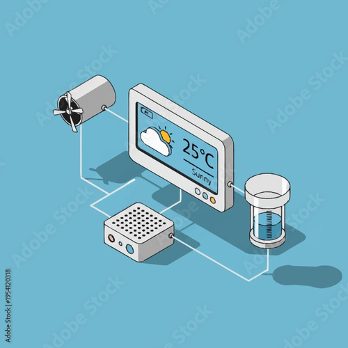Isometric illustration of a weather station with a display showing temperature and weather conditions.