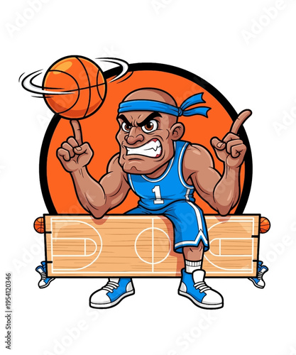 Intense cartoon basketball player mascot with focused expression spins an orange ball skillfully