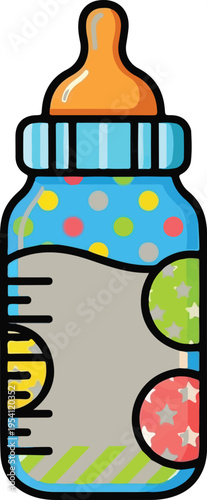 A colorful baby bottle with polka dot patterns and measurement markings for feeding an infant