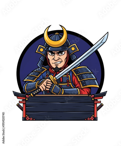 Vibrant illustration of a formidable samurai warrior in detailed traditional armor, gripping a katana, above a unique torii gate motif.