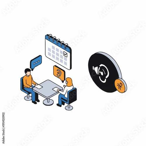 Isometric illustration depicting a meeting scheduled to discuss hearing aids.