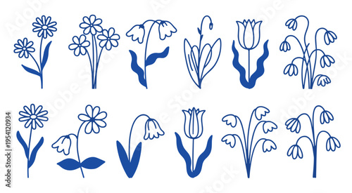 Collection of blue line flowers on white background