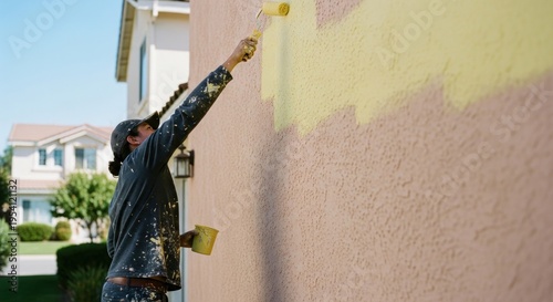 Man Painting Exterior Wall of House with Yellow Paint.