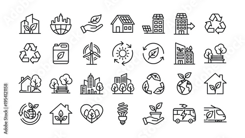 Hand-drawn icons for eco-friendly living and environment: featuring houses, trees, recycling symbols, wind turbines, and nature elements for sustainability, wind turbine