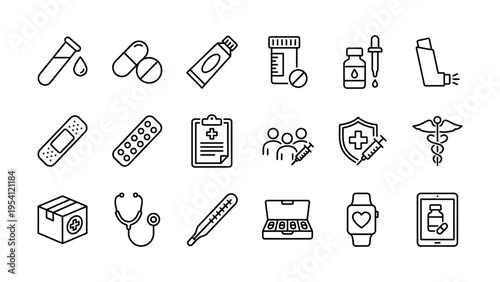 Hand-drawn medical and health icons: including pills, bandages, stethoscope, thermometer, inhaler, and caduceus symbol for healthcare and wellness, first aid