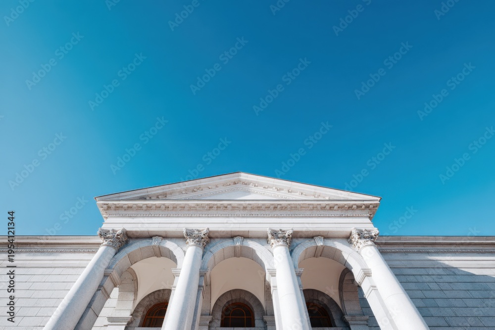 Fototapeta premium Classical white government building facade with corinthian columns under clear blue sky exterior architecture and civic institution entrance
