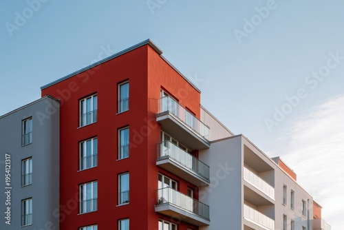 Red and white apartment building with balconies and glass railings under a soft blue sky in urban residential area