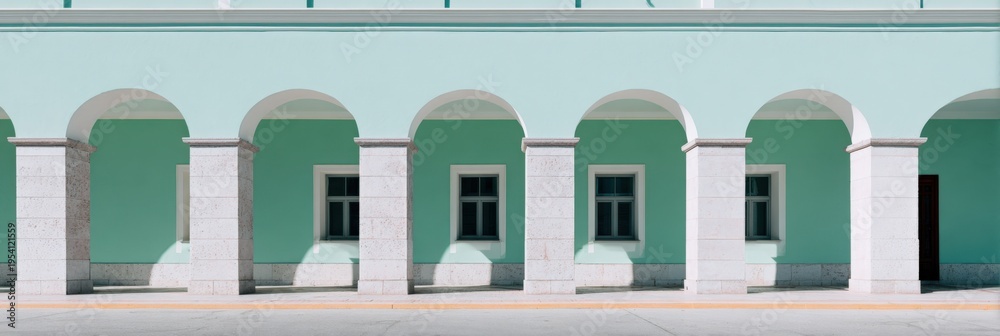 Obraz premium Mint green arcade with white arches and rectangular windows, minimalist colonnade facade in soft daylight, symmetrical architectural perspective and clean urban walkway