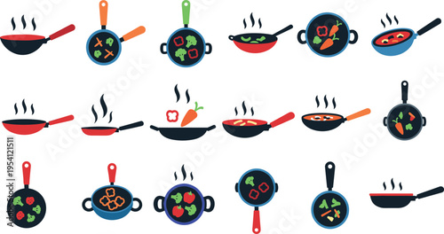 A collection of colorful cartoon frying pans with food on transparent background