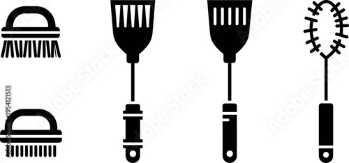 A set of black silhouettes of various garden brushes and tools on transparent background