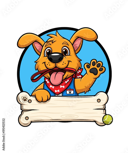 Cheerful cartoon dog mascot waves hello holding a red leash above a blank bone shaped sign