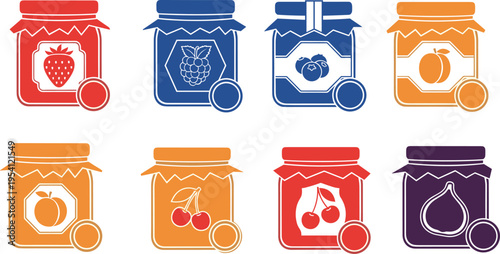 Colorful icons of eight jars of jam on transparent background