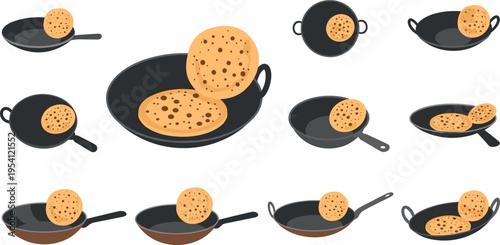 A collection of pancakes cooking in various frying pans on transparent background