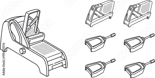 A vector pack of a mandoline slicer with multiple attachments on transparent background