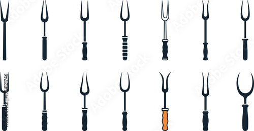 A collection of various barbecue forks on transparent background