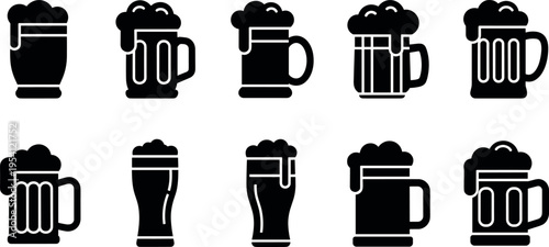 A set of black beer mug icons on transparent background