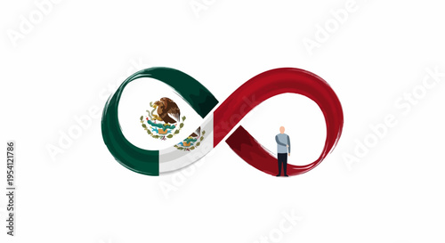 Mexican culture represented as infinity loop with national flag, eagle crest. Mexican culture embodies continuity, heritage, identity, small figure observing symbolism.