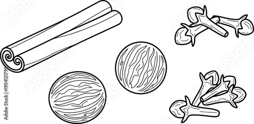 A black and white illustration of cinnamon sticks and spice balls on transparent background