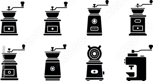 Eight different coffee grinder icons on transparent background