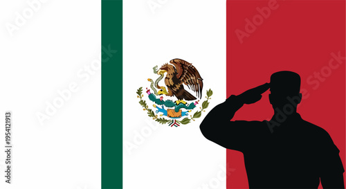 Silhouette of Mexican soldier saluting against vibrant background of Mexico flag, displaying national emblem. Patriotic Mexican soldier gesture honoring nation’s defense.