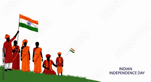 Diverse group celebrating Indian Independence Day, holding national flags on green landscape. Indian Independence Day with individuals in traditional attire, commemorating date.